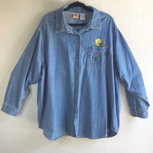 Vintage Looney Tunes Tweety Bird Embroidered Denim Button Down Shirt 26W/28W - Picture 1 of 11